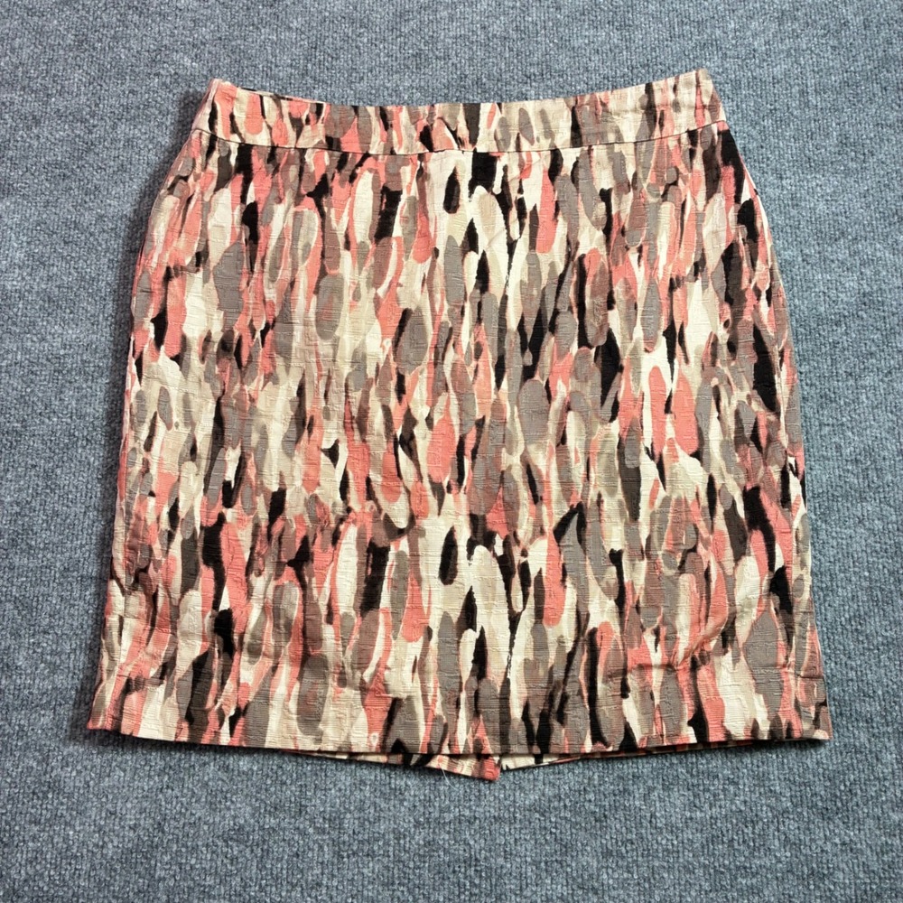 Ann Taylor Pencil Skirt Women 12P Pink Brown Abstract Cotton Jacquard Excellent